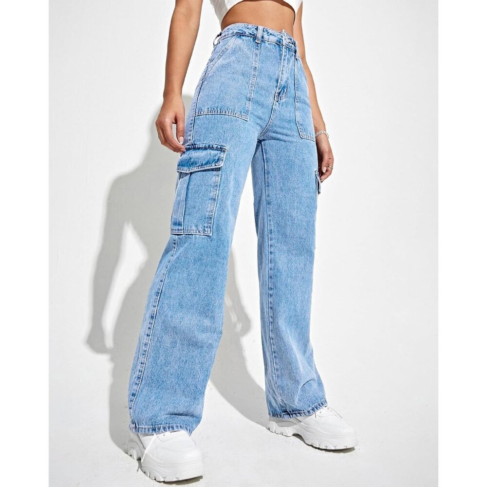 Fashionable Light Blue Cargo Trousers for Women – High Waisted, 6 Pockets, Large - Picture 4 of 6
